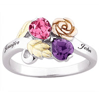 Tri-Color Sterling Silver Couple's Birthstone Heart & Name Ring
