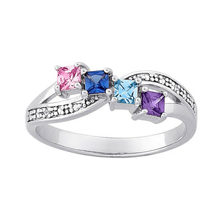 Sterling Silver Mother's Square Family Birthstone & Genuine Diamond Ring