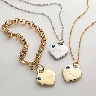 Engraved Silver Tone Birthstone Heart Charm Bracelet