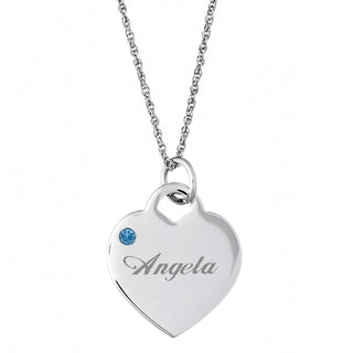 Engraved Silver Tone Birthstone Heart Charm Necklace
