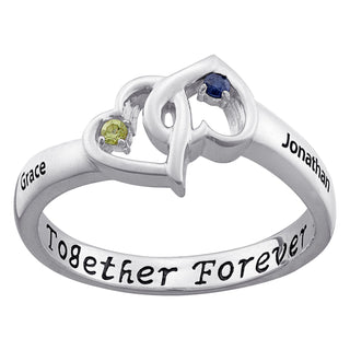 Sterling Silver Couples Intertwined Genuine Birthstone Hearts Name Ring
