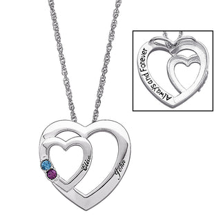Sterling Silver Couples Name & Birthstone Double Heart Necklace