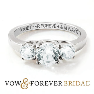 Platinum over Sterling Brilliant White Topaz Three Stone Engraved Wedding Ring