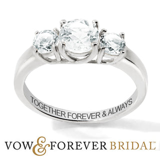 Platinum over Sterling Brilliant White Topaz Three Stone Engraved Wedding Ring