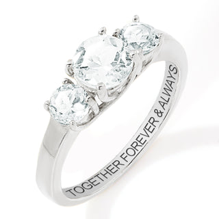 Platinum over Sterling Brilliant White Topaz Three Stone Engraved Wedding Ring
