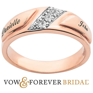14K Rose Gold over Sterling Men's White Topaz Engraved Wedding Band