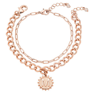 Sun Pendant Layered Initial Bracelet Rose Gold Plated