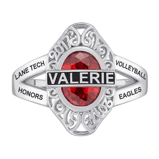 Sterling Silver Bridged Name Filigree Birthstone Class Ring