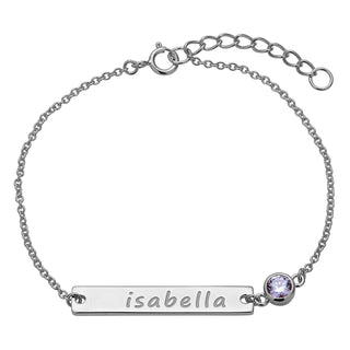 Sterling Silver Engraved Name Bar and Birthstone Bracelet