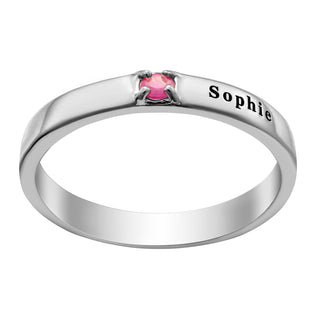 Sterling Silver Engraved Name and Genuine Birthstone Band Ring