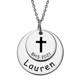 Sterling Silver Graduation Double Disc Necklace with Engraved Cross