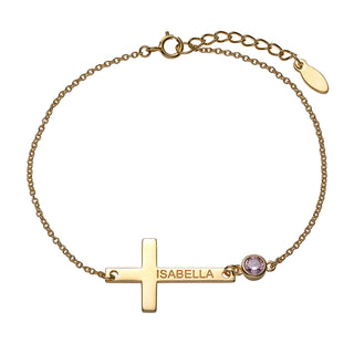 14K Gold over Sterling Engraved Name Cross with Birthstone Bracelet