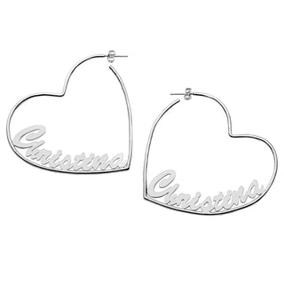 Silver Plated Personalized Script Nameplate Large Heart Hoop Earrings