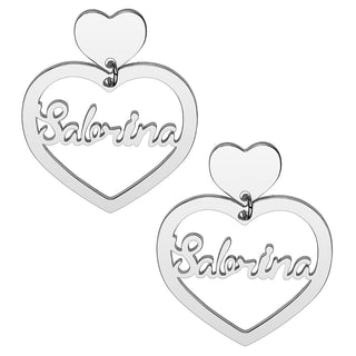 Silver Plated Script Name Double Heart Dangle Earrings