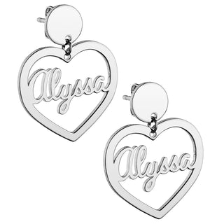 Silver Plated Script Name Heart with Circle Dangle Earrings