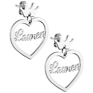 Silver Plated Script Name Heart with Crown Dangle Earrings