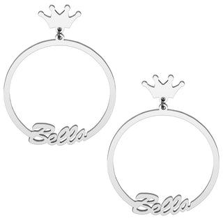 Silver Plated Script Name with Crown Dangle Earrings