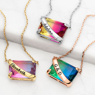 Personalized Iridescent Crystal Emerald Cut Necklace, East-West