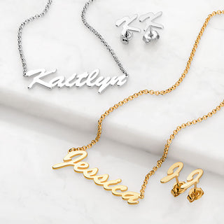 Sterling Silver Hollywood Script Name Necklace and Initial Earring Set