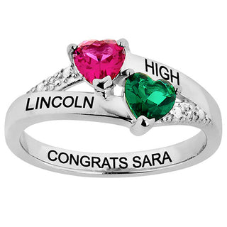 Sterling Silver Double Birthstone Heart Diamond Accent Class Ring