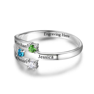 Sterling Silver Engraved Birthstone 3-Stone Family Ring