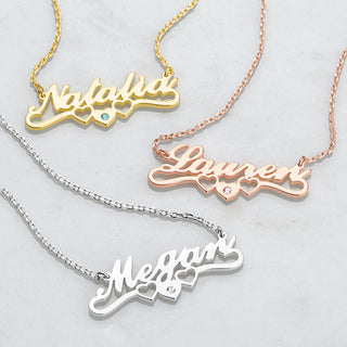 Sterling Silver Script Name with Birthstone Heart Scroll Pendant