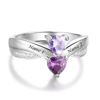 Sterling Silver Engraved Double Birthstone Heart with CZ Accent Ring
