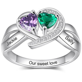 Silver Plated CZ Heart Engraved Double Birthstone Ring