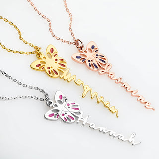 Birth Month Enamel Butterfly Vertical Name Necklace