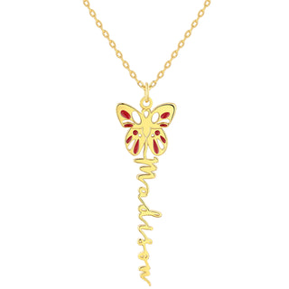 Birth Month Enamel Butterfly Vertical Name Necklace