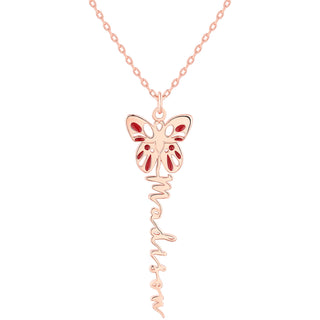 Birth Month Enamel Butterfly Vertical Name Necklace