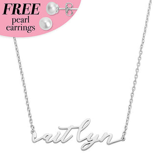 Sterling Silver Lowercase Script Name Plaque with Free Fresh Water Pearl Earrings