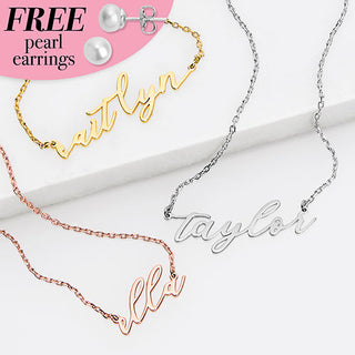 Sterling Silver Lowercase Script Name Plaque with Free Fresh Water Pearl Earrings