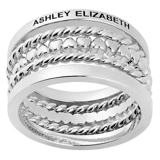 Silver Personalized Roped and Petite Heart Stackable 5 Ring Set