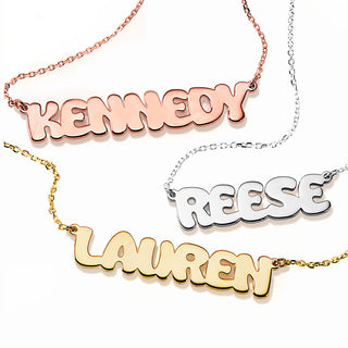 Sterling Silver Uppercase Bubble Name Plaque Necklace
