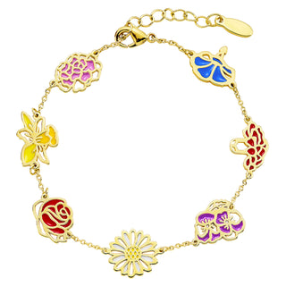 Gold Plated Enamel Birthmonth Flower Station Bracelet