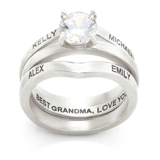 Silver Plated Solitaire and Family Name Enhancer Ring Set