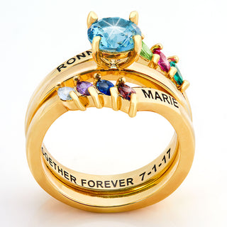Gold Plated Solitaire and Family Birthstone Bypass Enhancer Ring Set