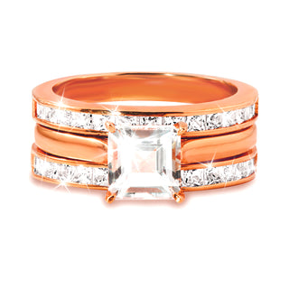 Rose Gold over Sterling Square White Topaz Engraved Enhancer Engagement Ring Set