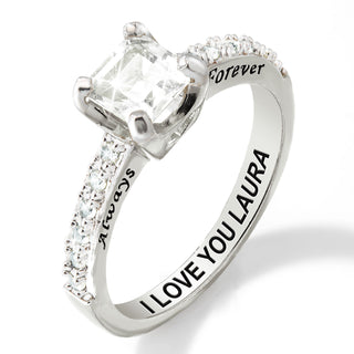 Platinum over Sterling Square White Topaz Open Heart Engraved Wedding Ring