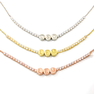 Engraved Slider Charms Station CZ Tennis Necklace