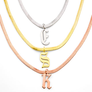 Herringbone Chain Old English Initial Charm Necklace