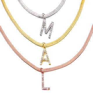 Herringbone Chain CZ Initial Charm Necklace