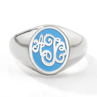 Silver Plated Birthmonth Enamel Script Monogram Signet Ring