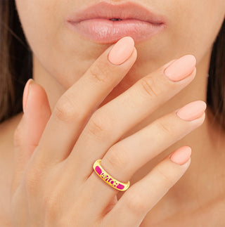 Gold Plated Birthmonth Enamel Name Rounded Band Ring