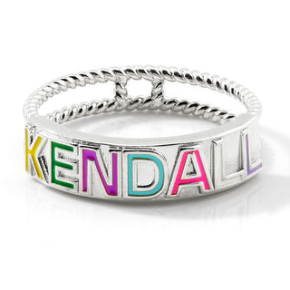 Silver Plated Enamel Name with Double Roped Band Ring