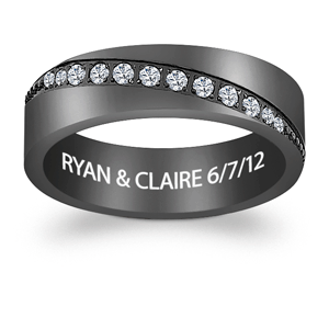 Men's Black Titanium Diagonal CZ Engraved Message Band