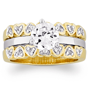 Gold Plated Two-Tone Round CZ Heart Jacket Wedding Ring Set
