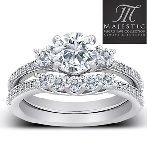 MAJESTIC MicroPave CZ Sterling Silver 3-Stone Wedding Ring 2-Piece Set