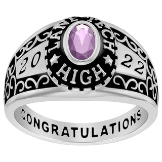 Ladies Sterling Silver Ornate Traditional Oval Stone Class Ring